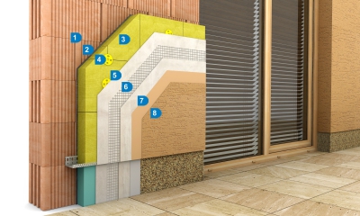 Schéma zateplovacího systému Cemix THERM DIFU: 1 – Podkladní zdivo; 2 – Lepicí vrstva: Cemix Lepicí a stěrkovací hmota DIFUZNÍ (185); 3 – Izolant: minerální vlna; 4 – Kotvení; 5 – Výztužná vrstva: Cemix Lepicí a stěrkovací hmota DIFUZNÍ (185); 6 – Síťovina: sklovláknitá tkanina; 7 – Penetrační nátěr: Cemix Penetrace silikát (barevná); 8 – Omítka: Cemix Silikonsilikátová omítka COMFORT