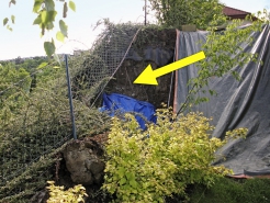 Obr. 11: Zničené oplocení (šipka), rozsáhlý pokles terénu