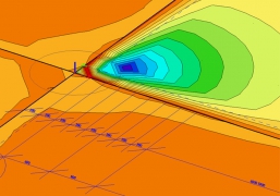 Podlahová deska zatížená v rohu kolem vysokozdvižného vozíku jako v předchozím případě, ale je uvažováno s otevřením spáry na 5 mm a použitím parametru Edef2 sníženého o 20 %; v tomto případě je již návrh betonové desky nevyhovující