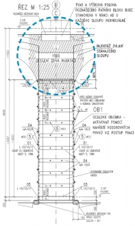 Schémata zesílení cihelného pilíře ŽB objímkou ze stříkaného betonu v 1. PP (vlevo) a ocelovou objímkou v 1. NP (vpravo). Tvarově problematickou oblast zhlaví pilířů se zaklenutými klenebnými pásy bylo navrženo proinjektovat polyuretanovou pryskyřicí (vpravo).