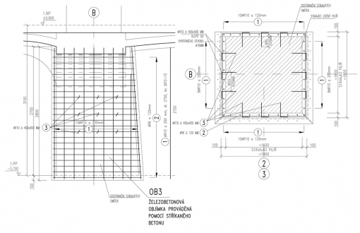 Schémata zesílení cihelného pilíře ŽB objímkou ze stříkaného betonu v 1. PP (vlevo) a ocelovou objímkou v 1. NP (vpravo). Tvarově problematickou oblast zhlaví pilířů se zaklenutými klenebnými pásy bylo navrženo proinjektovat polyuretanovou pryskyřicí (vpravo).