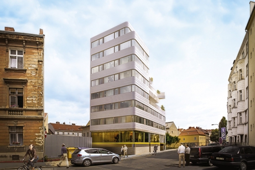  Vizualizace projektu, výkladce a zaoblené části pásových oken budou vyrobeny z hliníkových profilů