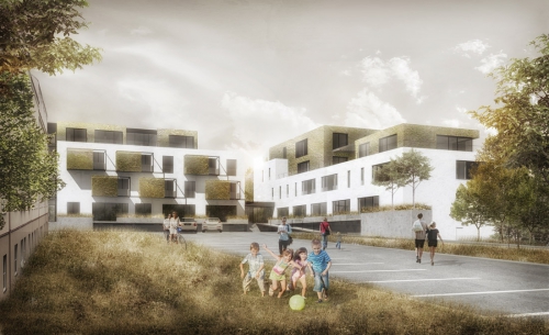 Přístavby mají fasády s popínavou zelení, podobně autoři pojednali balkony bytů u severní budovy