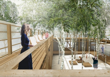 Horní terasa je reminiscencí na starý princip opalování ve slunečních lázních a umožňuje novou zkušenost pobytu v korunách stromů