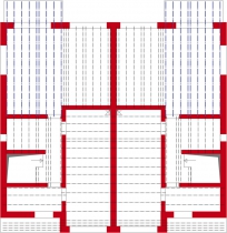 Obr. 2: Kladecí plán – modře trámy s délkou 7,75 m