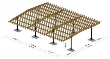 Obr. 12: Halová konstrukce BMK s možností pojíždění nákladních vozidel a vysokozdvižných vozíků (nosníky s přečnívajícími konci), dodávaná na objednávku [3]