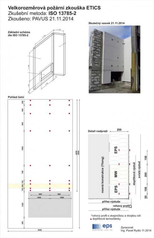 Obr. 6: Schéma požární zkoušky dle ISO 13785-1 Sdružení EPS ČR s polystyrenovým izolantem tloušťky 200 mm a požární bariérou z minerální izolace šíře 200 mm, připravované a odzkoušené v roce 2014 