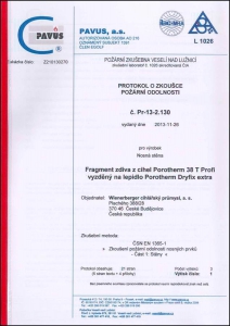 Protokol požární zkoušky zdiva z cihelných bloků s výplní z minerální vaty