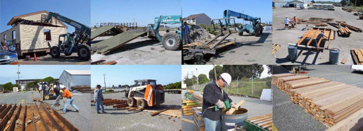 Obr. 3. Příklad demolice dřevostavby v systému two-by-four a přípravy dřevěných prvků k novému využití (zdroj www.epa.gov)