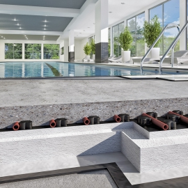 Řez litou podlahou CemLevel s podlahovým topením 