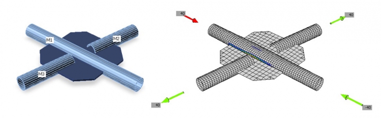 Obr. 3: Nevhodné řešení křížení diagonál a tuhost tohoto přípoje v tahu