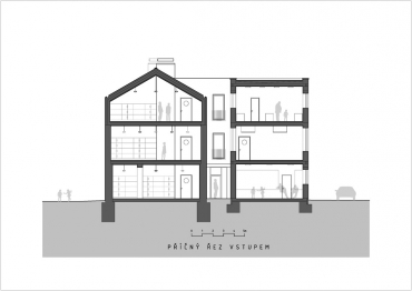 Řezy budovou u vstupu a v atriu