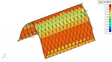 Obr. 15a: Výsledky napjatosti přilepené skořepiny a napjatosti v prutech lamel