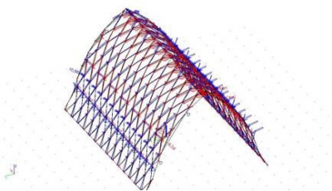 Obr. 15b: Výsledky napjatosti přilepené skořepiny a napjatosti v prutech lamel