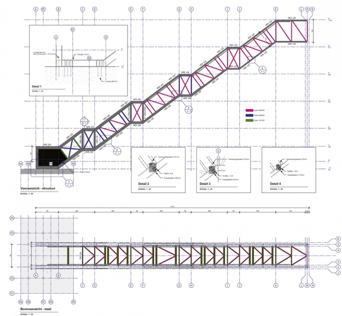 Obr. 1: Ocelová konstrukce, řez a půdorys