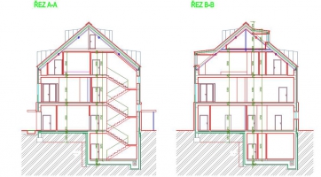 Obr. 12: Příklad 4 – projekt, řezy objektem 