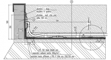 Obr. 13: Příklad 4 – projekt hydroizolace, detail etapového spoje mezi vodorovnou a svislou hydroizolací, 1. etapa 