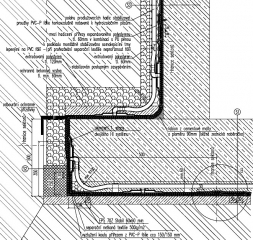 Obr. 14: Příklad 4 – projekt hydroizolace, detail etapového spoje mezi vodorovnou a svislou hydroizolací, 2. etapa 