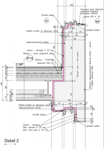 Obr. 3: Detail předsazené nosné konstrukce stopů a zateplení uliční fasády