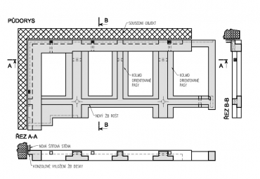Obr. 7: Půdorys nového objektu v proluce s vyznačeným konzolovým vyložením ŽB desky