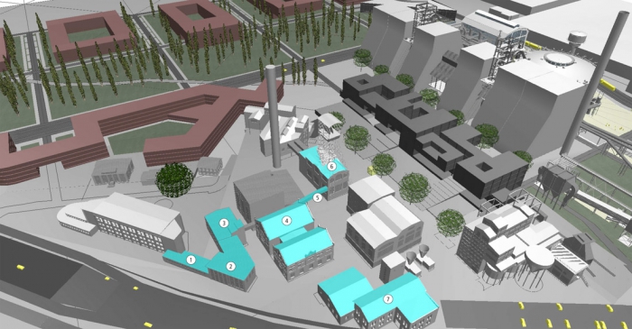 Rozvojová situace. 1 Music studios, 2 Art studios, 3 Cineport, 4 Brick House, 5 Průběžný most, 6 Těžní budova,  7 Compress Hall