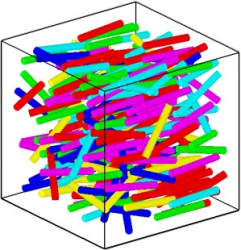 Obr. 3: Generování vláknových struktur pro výpočtové modelování na základě teorie her – ukázka směrů vláken odpovídajících předem zadanému pravděpodobnostnímu rozdělení