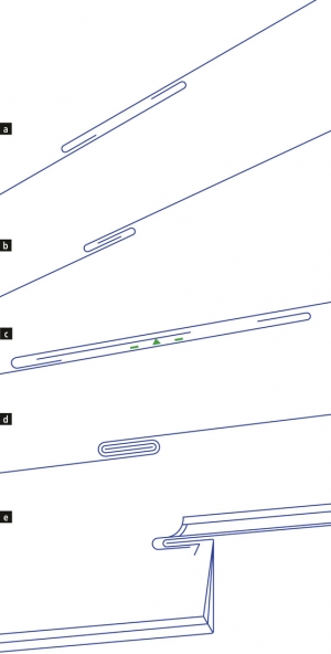 Obr. 4: Příčné spoje: a – jednoduchá ležatá drážka s přeložením (od 30 °); b – jednoduchá ležatá drážka (od 25 °); c – jednoduchá ležatá drážka s přídavnou lištou (od 10 °); d – dvojitá ležatá drážka (od 7 °); e – dilatační (spádový) stupeň (od 5 °)