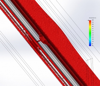 Obr. 8: Hustota tepelných toků detailu se zasklívacím šroubem