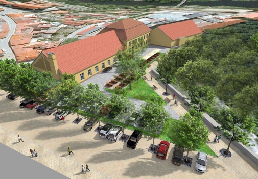 Vizualizace plánované konečné podoby Znojemského městského pivovaru – vpravo je navržená velkorysá restaurační předzahrádka s výhledem do Gránického údolí