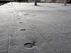 Zobrazení tepelných mostů na ploché střeše. Výrazné tepelné mosty na stycích desek tepelné izolace a podél atiky. Oproti tomu je tepelný prostup vlastní kotvou zcela zanedbatelný.