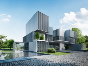 Velkoplošné lamely Schüco ALB: vertikální instalace „hi-tech“ slunolamů v aktivní konfiguraci