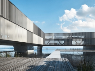 Velkoplošné lamely Schüco ALB: vertikální instalace „hi-tech“ slunolamů v aktivní konfiguraci