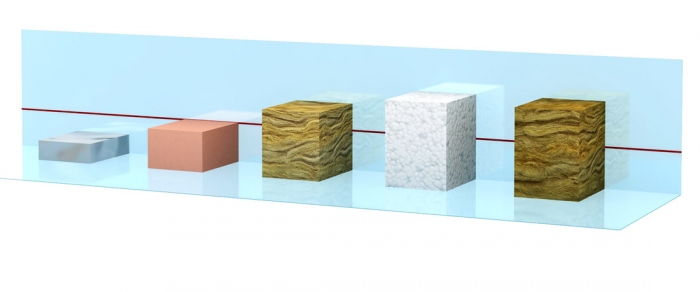 Srovnání tloušťky tepelné izolace stejných parametrů λ. Zleva: Optim-R, Kooltherm, PIR, EPS, MV