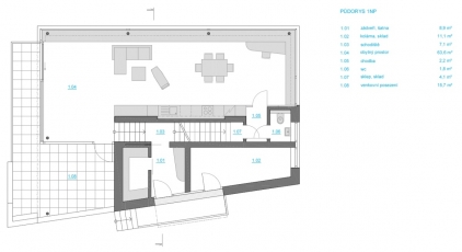 půdorys 1. NP, dům v Brně-Komíně, architekt: KAMKAB!NET (Radim Horák, Hana Horáková)