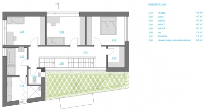Půdorys 2. NP, dům v Brně-Komíně, architekt: KAMKAB!NET (Radim Horák, Hana Horáková)
