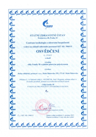 Obr. 4: Osvědčení od Státního zdravotního ústavu ČR pro cihly HELUZ Family 2in1