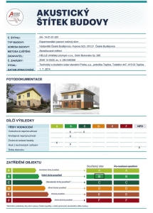Obr. 2: Akustický štítek budovy experimentálního pasivního domu HELUZ TRIUMF s hodnocením B – velmi tiché prostředí