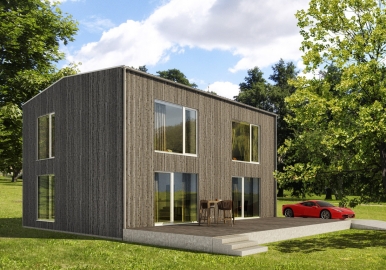 Obr. 2: „Hotový“ dům opláštěný přírodně zašedlou modřínovou palubkou napuštěnou minerálním olejem jako výsledek důsledné optimalizace bez architektonických ambicí. Za uspořené peníze při pořízení a provozu domu si lze dovolit pěkné auto (pokus o humor). Stavební plány a podrobnosti včetně doporučených stavebních postupů najdete volně ke stažení na www.optimalizmus.cz.