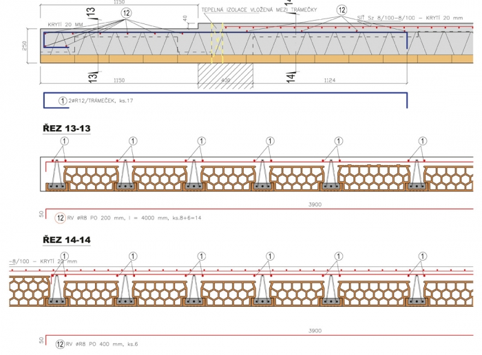 Obr. 13: Řešení změny tloušťky desky z 290 na 250 mm u trámů s výškou 230 mm