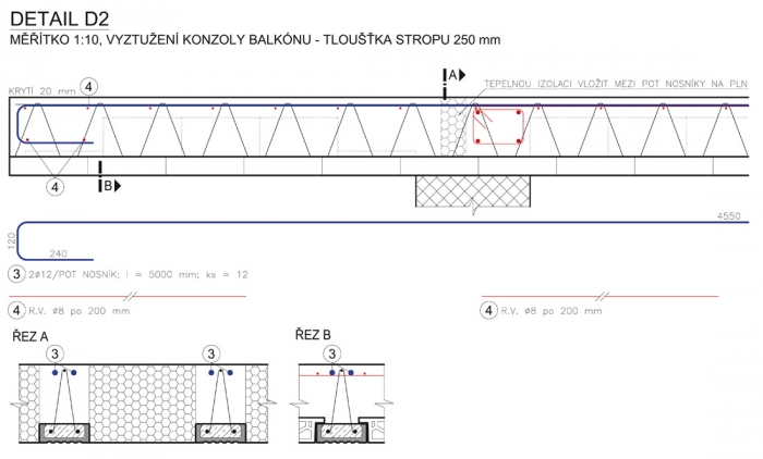 Obr. 15: Řešení balkónu z obr. 14 vázanou výztuží