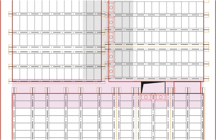 Obr. 4: Ideální vetknutí nad zdí (šedá plocha) a částečné vetknutí (růžová plocha)
