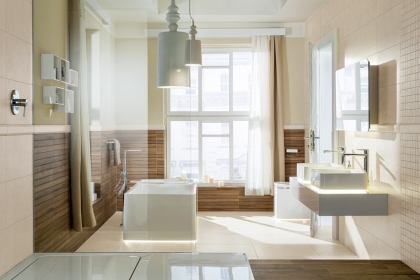Slinuté glazované rektifikované dlaždice série Base s příjemným reliéfem evokujícím homogenní kamenný povrch vhodně propojí ložnici s koupelnou. Dlaždice i obkládačky série Base působí dokonale čistě.