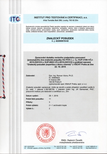 Dodatek revizního znaleckého posouzení revidujícího a oponujícího znalecké posudky Kriminalistického ústavu Policie ČR a znalecký posudek (expertiza z oboru chemie) Vysoké školy chemicko-technologické v Praze