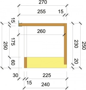 Obr. 3: Řez univerzální schránkou pro rolety a žaluzie Porotherm Vario UNI – hnědě purenit®, žlutě PUR deska