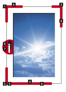 Obr. 9: 1 – rohové vedení 2 – rohové vedení OS 3 – rohové vedení nůžek 4 – stření díl 5 – OS rámový uzávěr 6 – bezpečnostní rámový uzávěr 7 – ochrana proti odvrtání 8 – uzamykatelná okenní klika