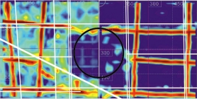 Obr. 8: Příklad stanovení polohy výztuže ve vazníku v okolí otvoru, získané dvojicí plošných skenů 600x600 mm přístrojem PS 1000 z bočního líce vazníku; projektovaná poloha výztuže je znázorněna bíle, jsou zjevné jisté odchylky reálného vyztužení od projektu