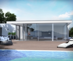 Ttéměř bezrámová kombinace posuvného systému Schüco ASS 77 PD s fasádním systémem Schüco FWS 35 PD