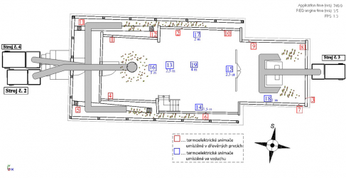 Obr. 14: Nákres procesu sanace: rozmístění agregátů se skládaným hliníkovým potrubím v objektu a značení pozic termoelektrických snímačů [4]