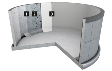 Preventivní ochrana betonu v zařízeních na výrobu bioplynu 1 – produkt MC-PowerPro HCRprimer na lehce otryskaném betonu 2 – uzavření pórů a staženin pomocí produktu MC-PowerPro HCR 3 – produkt MC-PowerPro HCR, nanesený ve dvou vrstvách