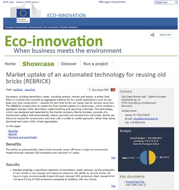 Obr. 2: Titulní list: Grant na vypracování technologie REBRICK  (zdroj http://ec.europa.eu)